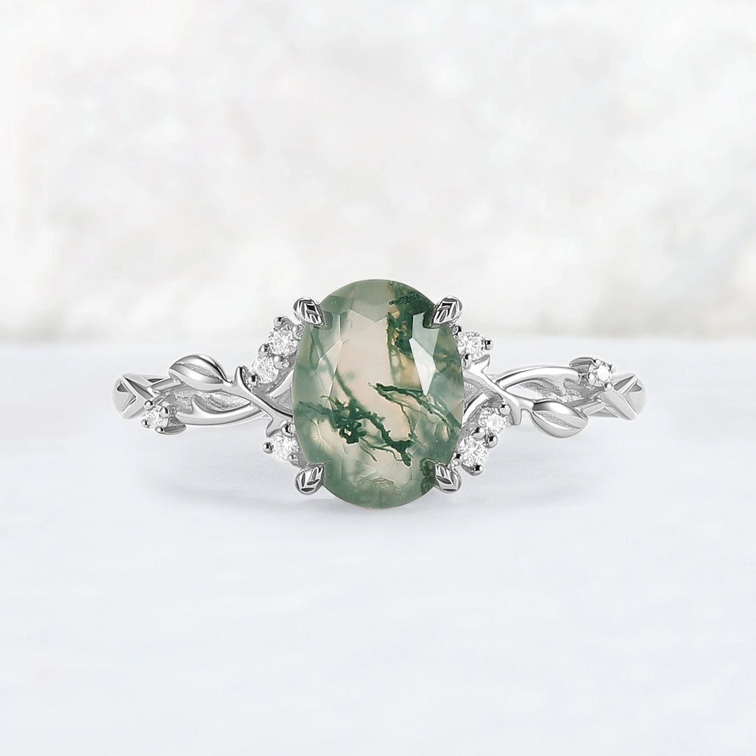 Nature Inspired Oval Cut Moss Agate Leafy Engagement Ring