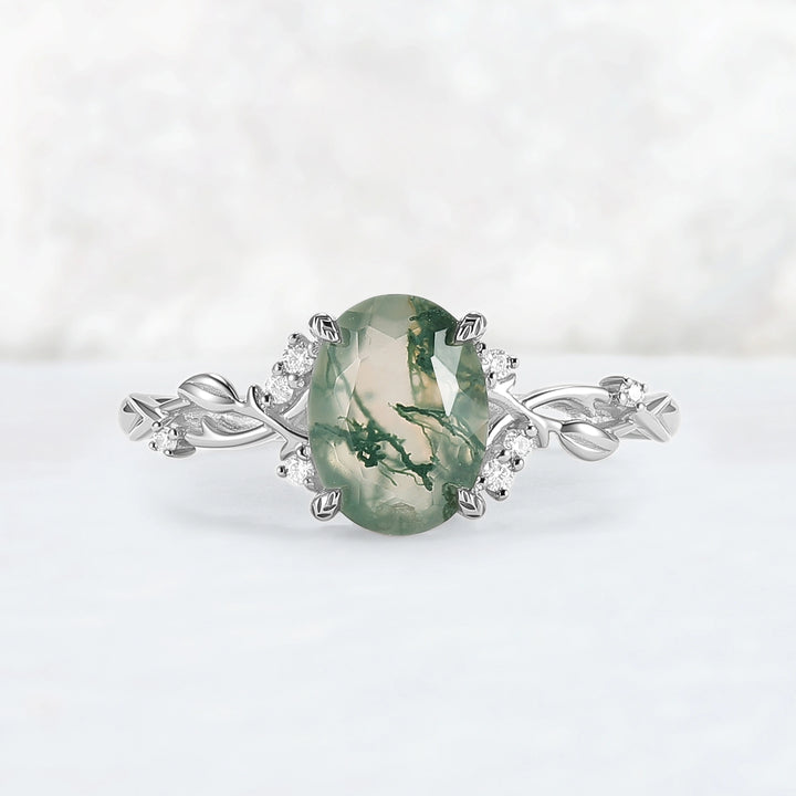 Nature Inspired Oval Cut Moss Agate Leafy Engagement Ring