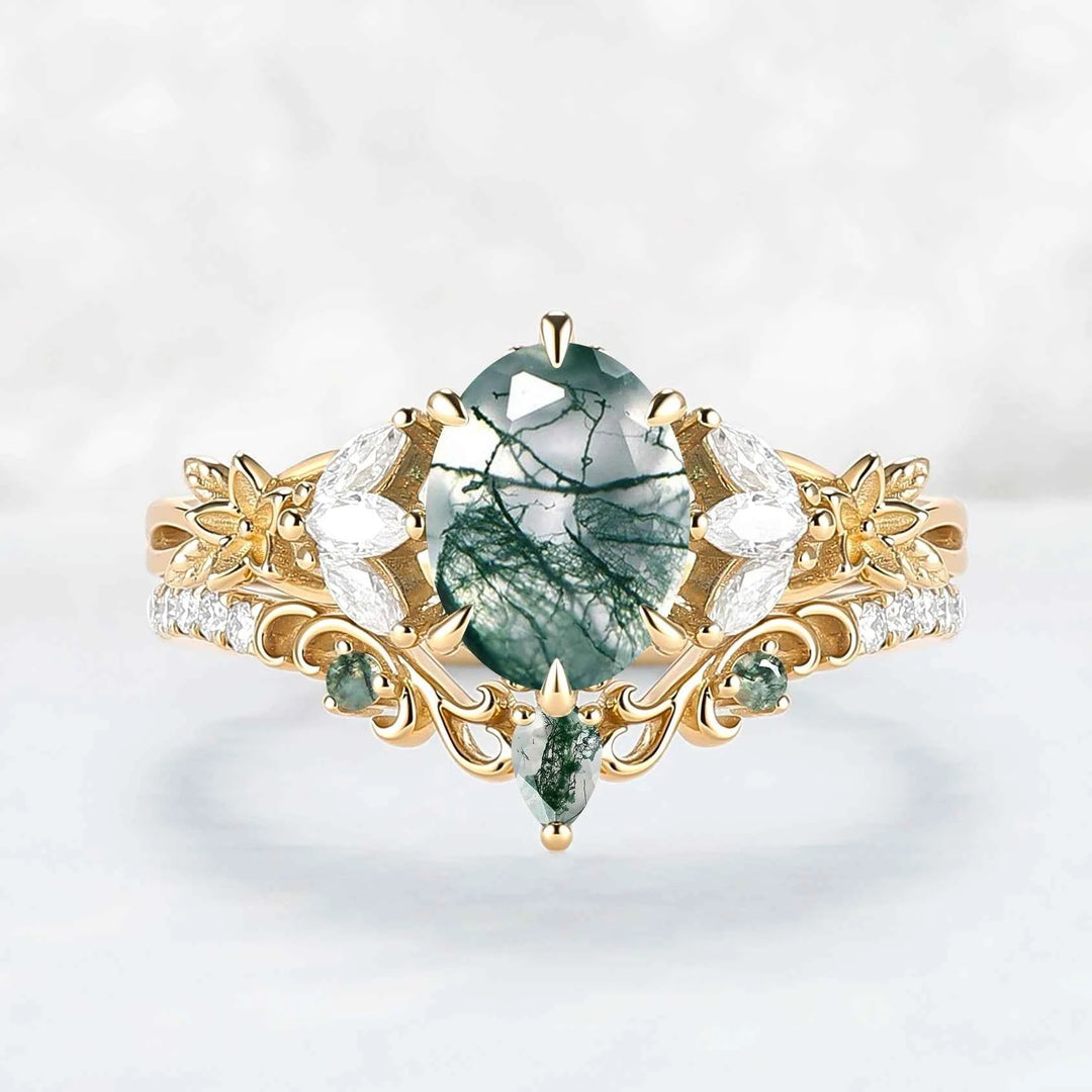Nature Inspired Oval Cut Moss Agate Leafy Engagement Ring Set 2pcs