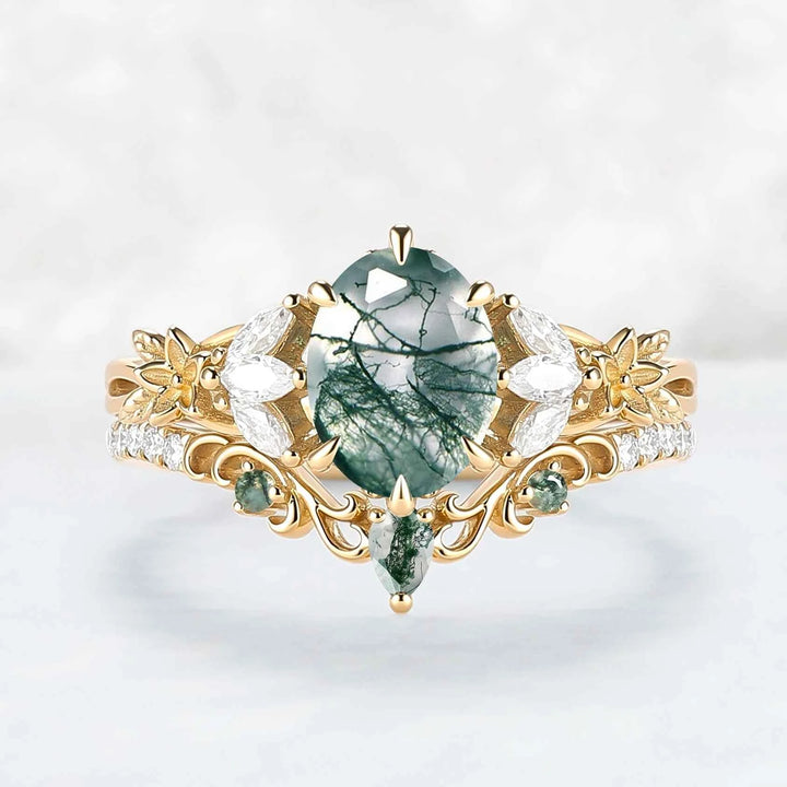 Nature Inspired Oval Cut Moss Agate Leafy Engagement Ring Set 2pcs
