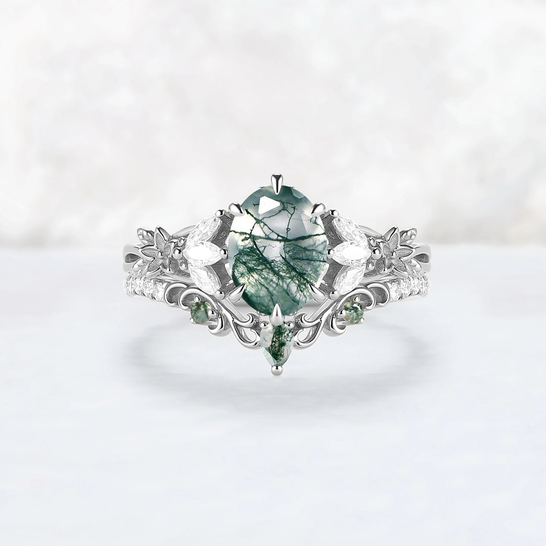 Nature Inspired Oval Cut Moss Agate Leafy Engagement Ring Set 2pcs