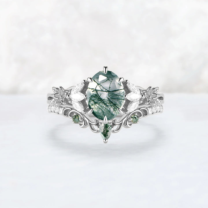 Nature Inspired Oval Cut Moss Agate Leafy Engagement Ring Set 2pcs