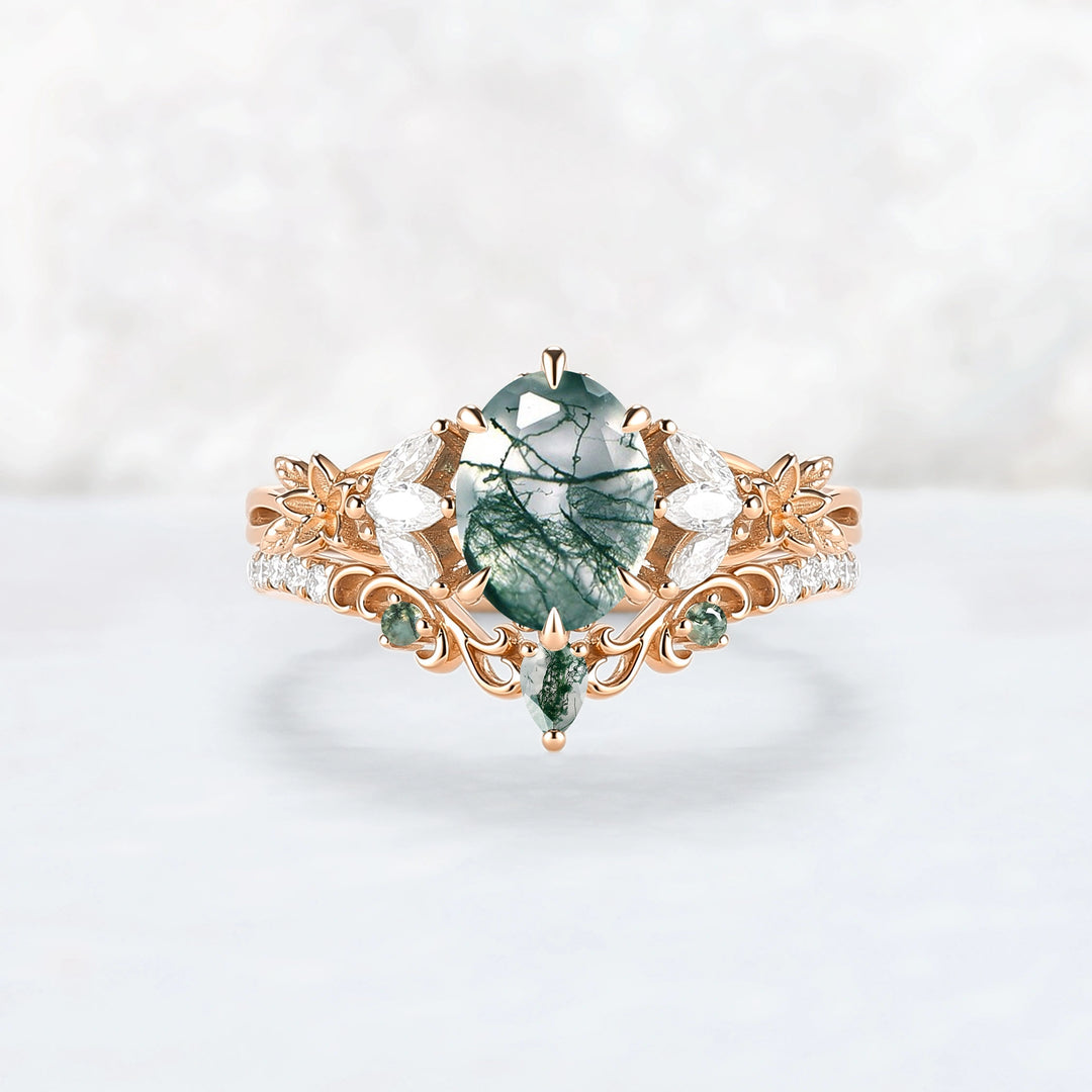 Nature Inspired Oval Cut Moss Agate Leafy Engagement Ring Set 2pcs
