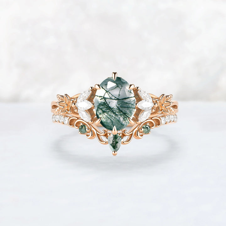 Nature Inspired Oval Cut Moss Agate Leafy Engagement Ring Set 2pcs