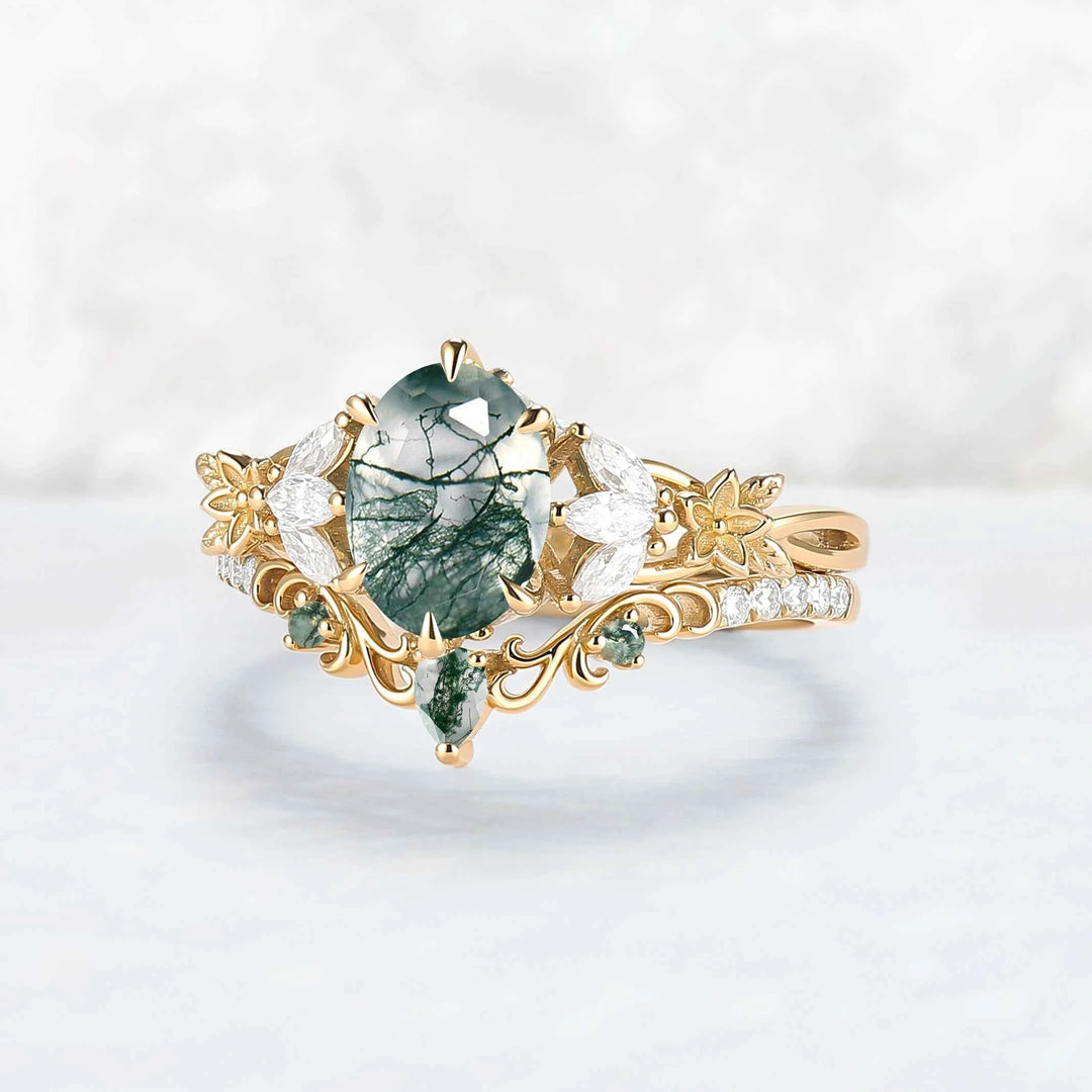 Nature Inspired Oval Cut Moss Agate Leafy Engagement Ring Set 2pcs