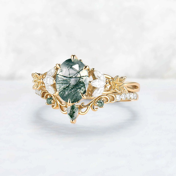 Nature Inspired Oval Cut Moss Agate Leafy Engagement Ring Set 2pcs