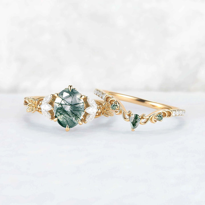 Nature Inspired Oval Cut Moss Agate Leafy Engagement Ring Set 2pcs