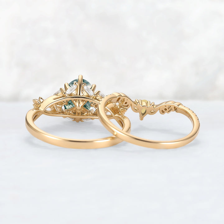 Nature Inspired Oval Cut Moss Agate Leafy Engagement Ring Set 2pcs