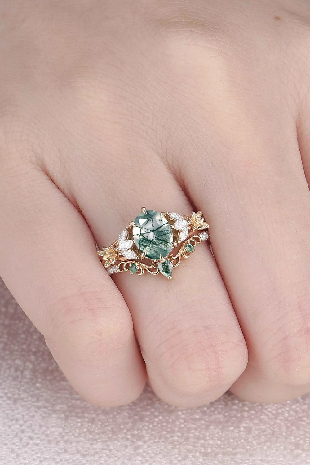 Nature Inspired Oval Cut Moss Agate Leafy Engagement Ring Set 2pcs