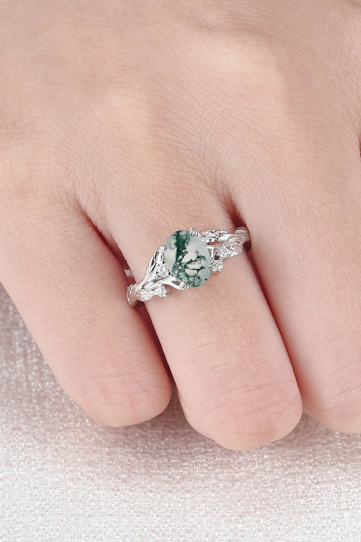 Nature Inspired Oval Cut Moss Agate Leafy Sterling Silver Ring