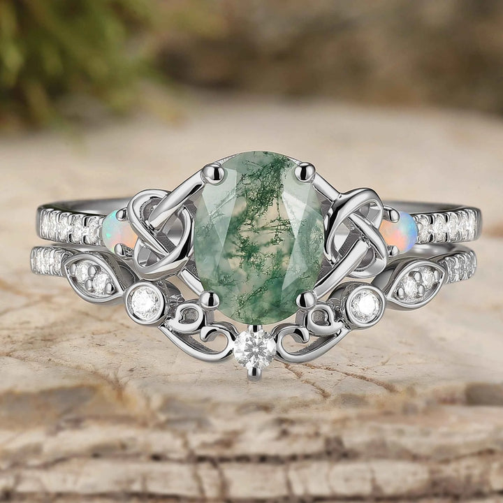 Nature Inspired Oval Cut Moss Agate Silver Engagement Ring Set 2pcs