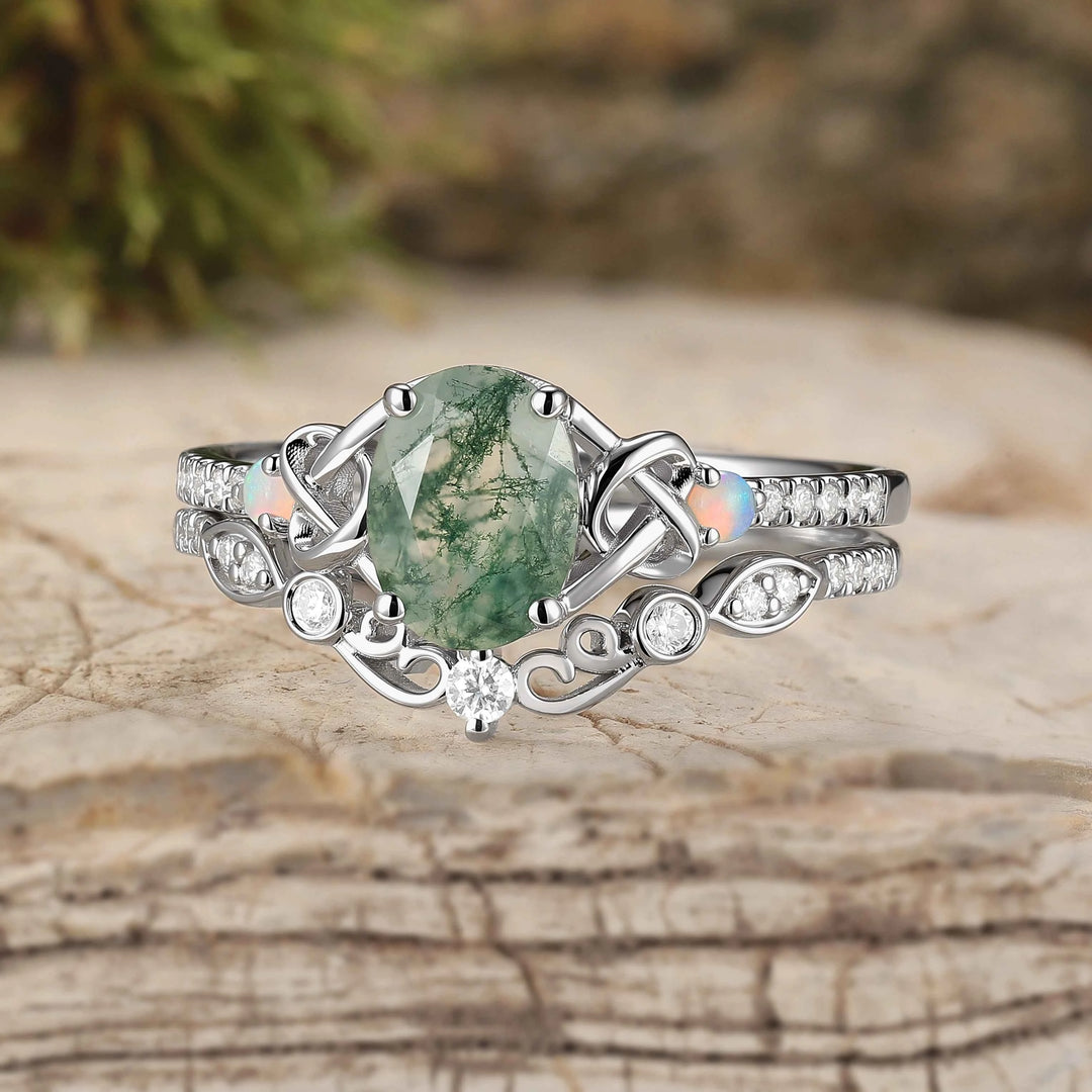 Nature Inspired Oval Cut Moss Agate Silver Engagement Ring Set 2pcs