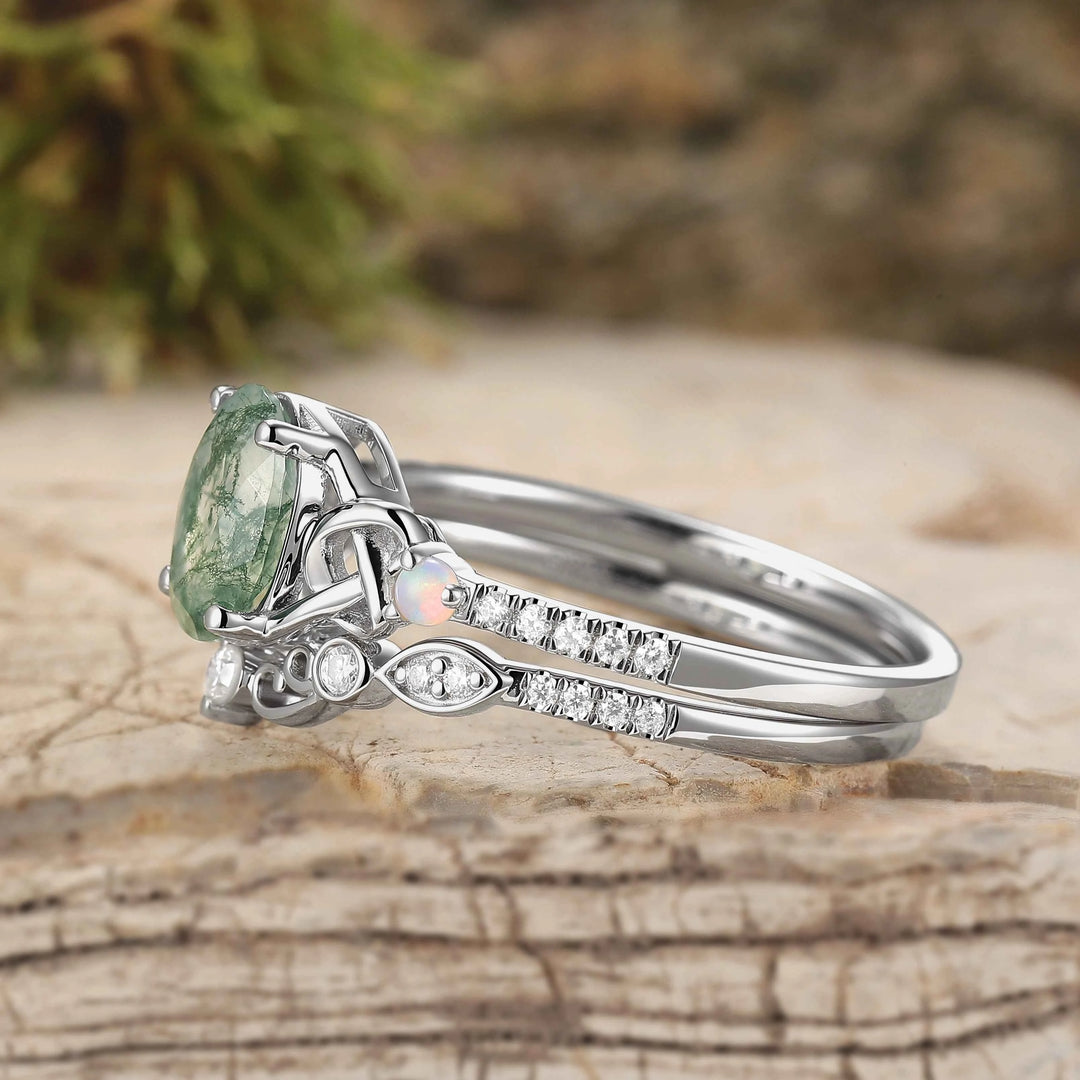 Nature Inspired Oval Cut Moss Agate Silver Engagement Ring Set 2pcs