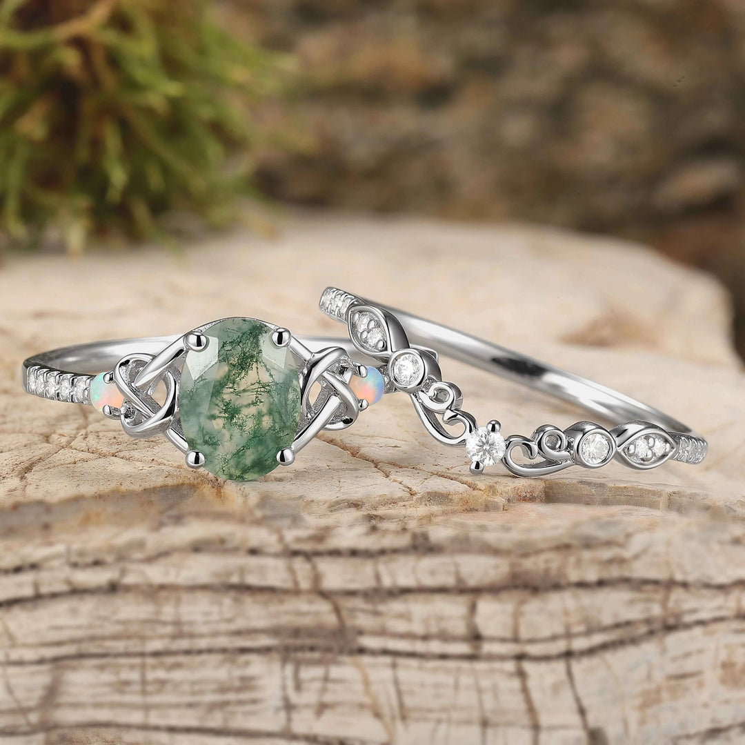 Nature Inspired Oval Cut Moss Agate Silver Engagement Ring Set 2pcs