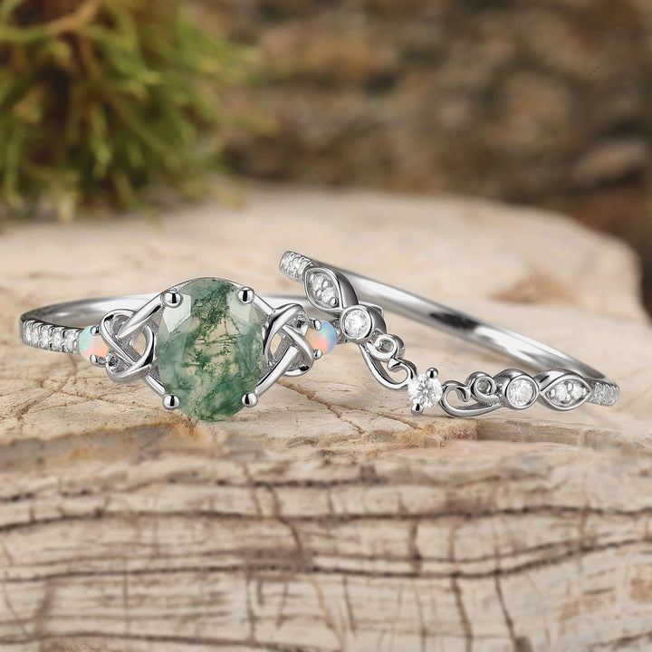 Nature Inspired Oval Cut Moss Agate Silver Engagement Ring Set 2pcs