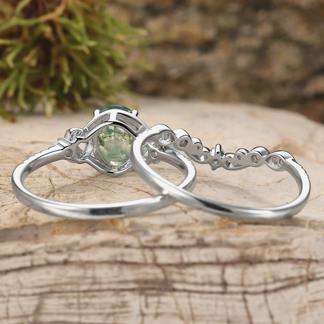 Nature Inspired Oval Cut Moss Agate Silver Engagement Ring Set 2pcs