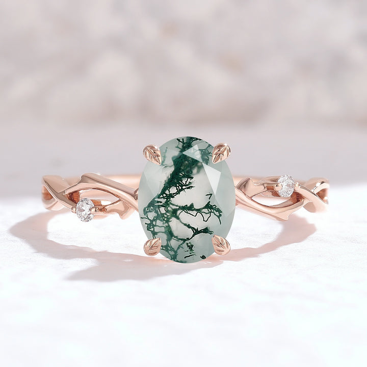 Nature Inspired Oval Cut Moss Agate Twist Vine Ring