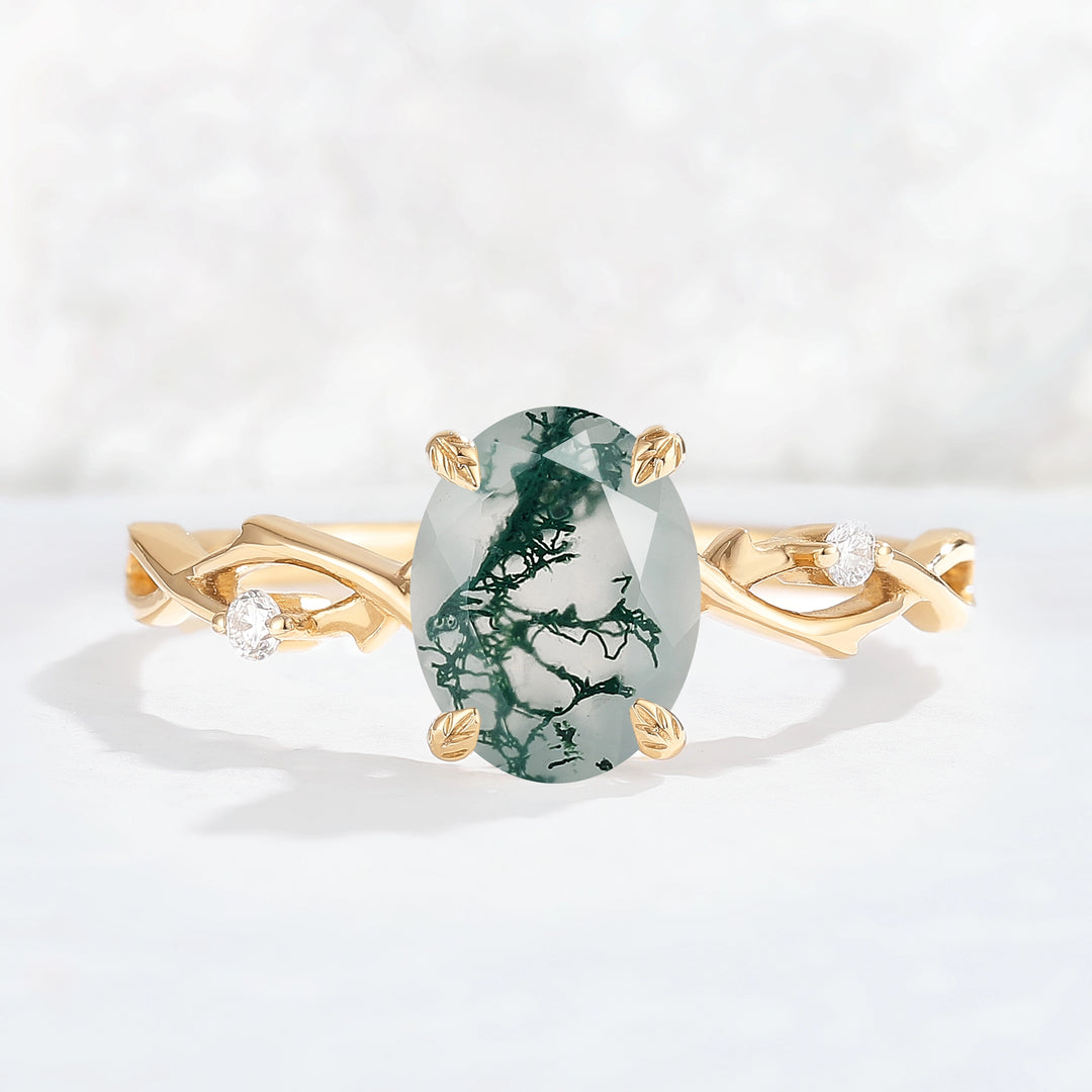 Nature Inspired Oval Cut Moss Agate Twist Vine Ring