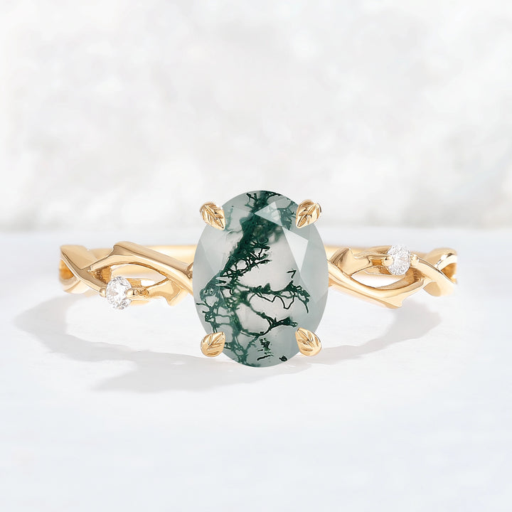Nature Inspired Oval Cut Moss Agate Twist Vine Ring