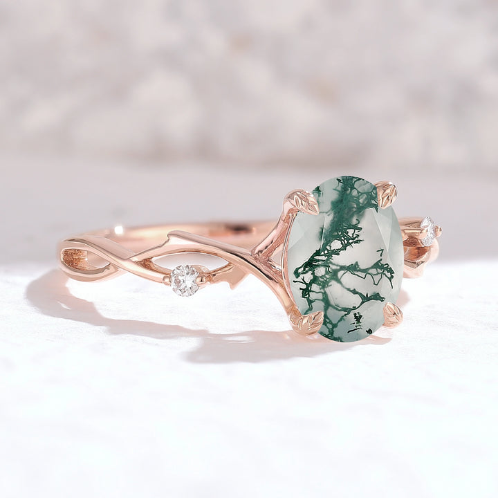 Nature Inspired Oval Cut Moss Agate Twist Vine Ring