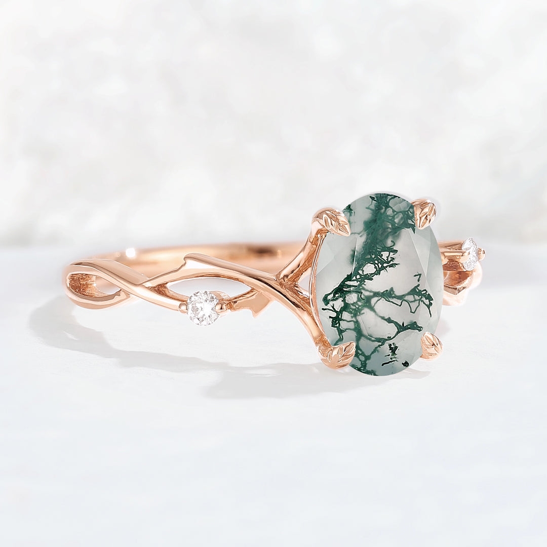 Nature Inspired Oval Cut Moss Agate Twist Vine Ring