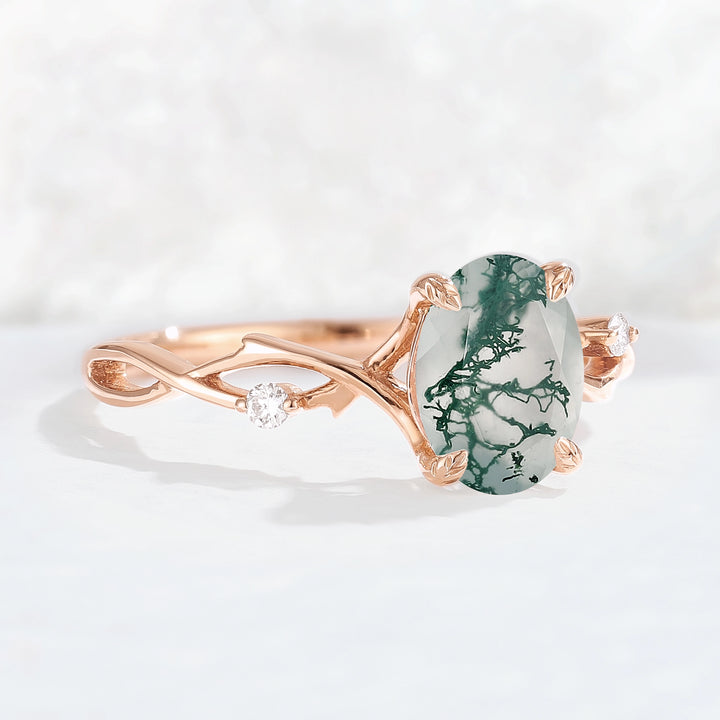 Nature Inspired Oval Cut Moss Agate Twist Vine Ring