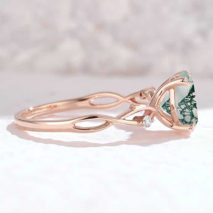 Nature Inspired Oval Cut Moss Agate Twist Vine Ring