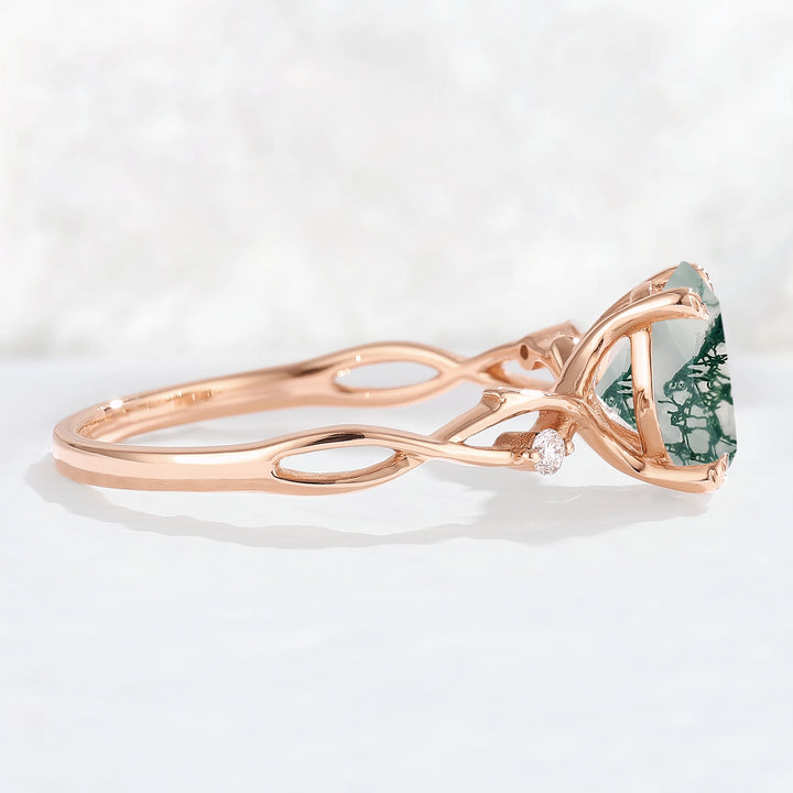Nature Inspired Oval Cut Moss Agate Twist Vine Ring