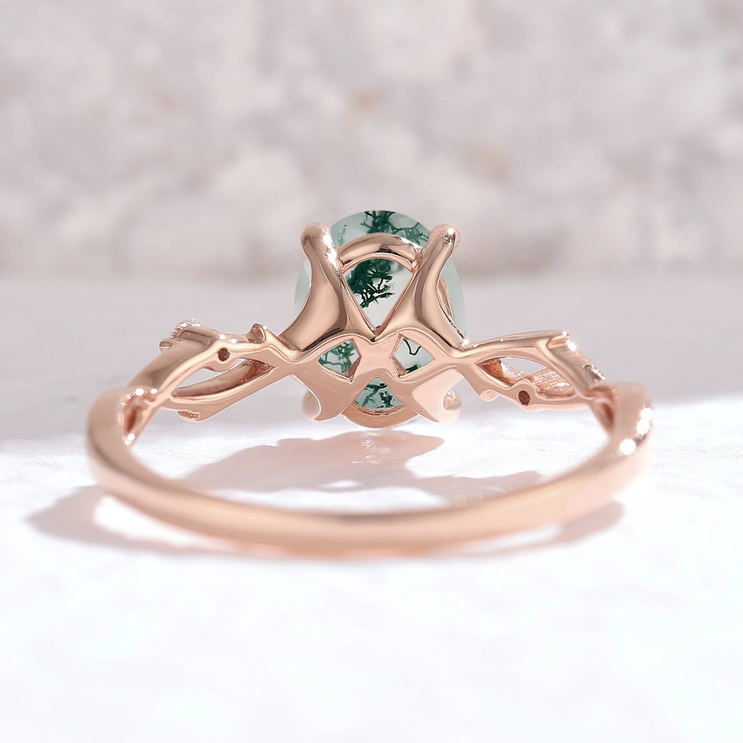 Nature Inspired Oval Cut Moss Agate Twist Vine Ring