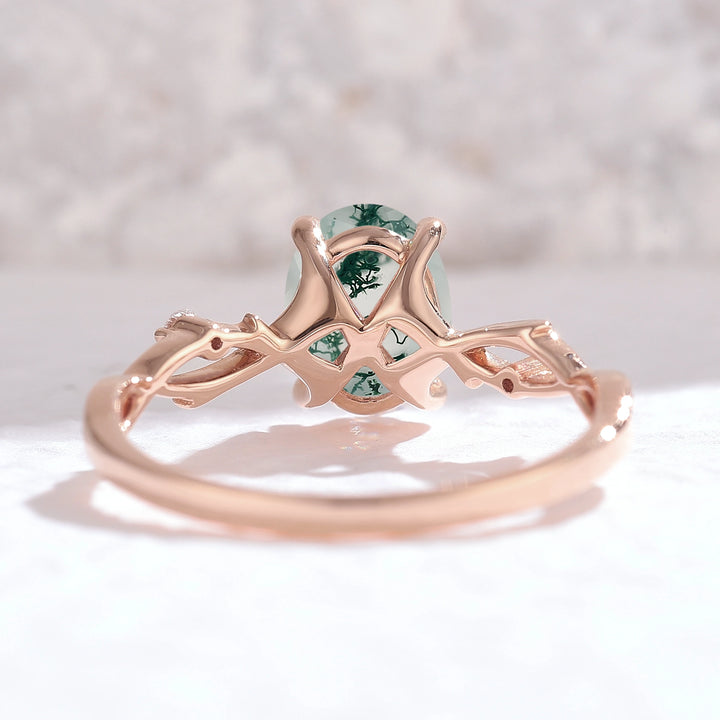 Nature Inspired Oval Cut Moss Agate Twist Vine Ring
