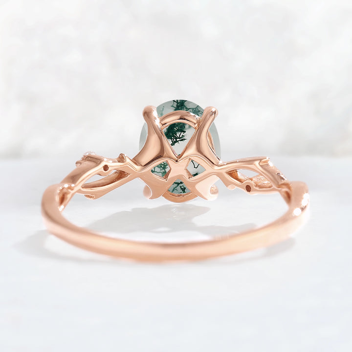 Nature Inspired Oval Cut Moss Agate Twist Vine Ring