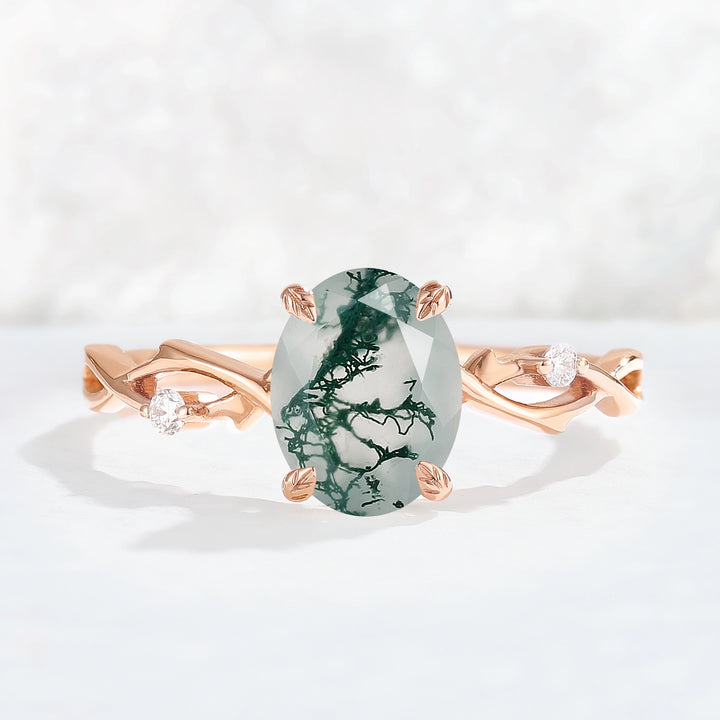 Nature Inspired Oval Cut Moss Agate Twist Vine Ring