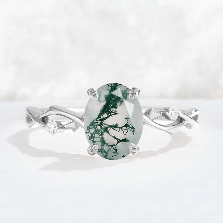 Nature Inspired Oval Cut Moss Agate Twist Vine Ring