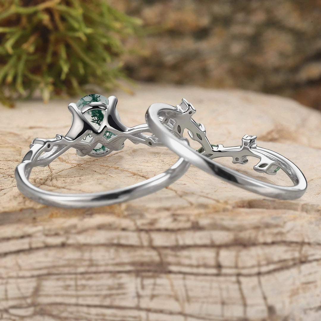 Nature Inspired Oval Cut Moss Agate Vine Design Silver Ring Set 2pcs