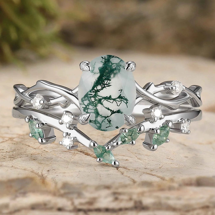Nature Inspired Oval Cut Moss Agate Vine Design Silver Ring Set 2pcs