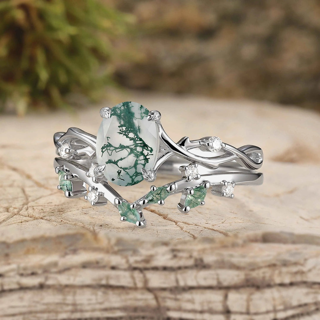 Nature Inspired Oval Cut Moss Agate Vine Design Silver Ring Set 2pcs
