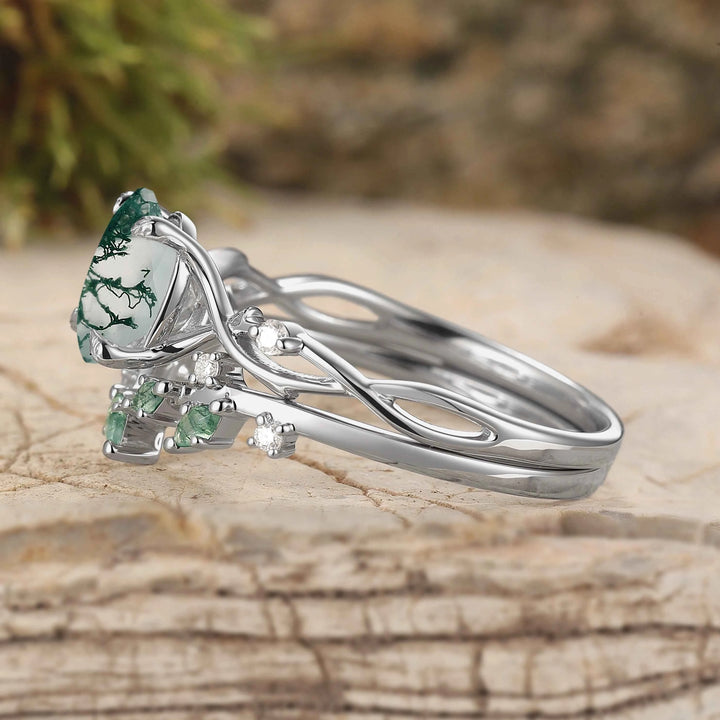 Nature Inspired Oval Cut Moss Agate Vine Design Silver Ring Set 2pcs