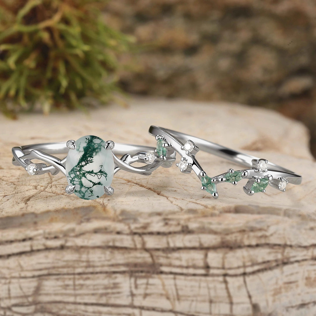 Nature Inspired Oval Cut Moss Agate Vine Design Silver Ring Set 2pcs