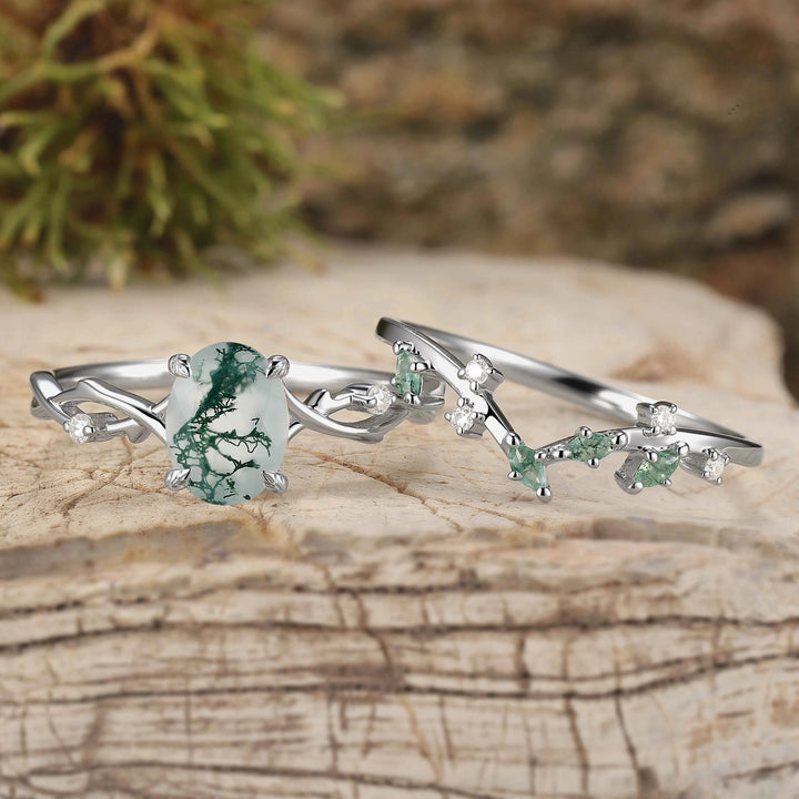 Nature Inspired Oval Cut Moss Agate Vine Design Silver Ring Set 2pcs