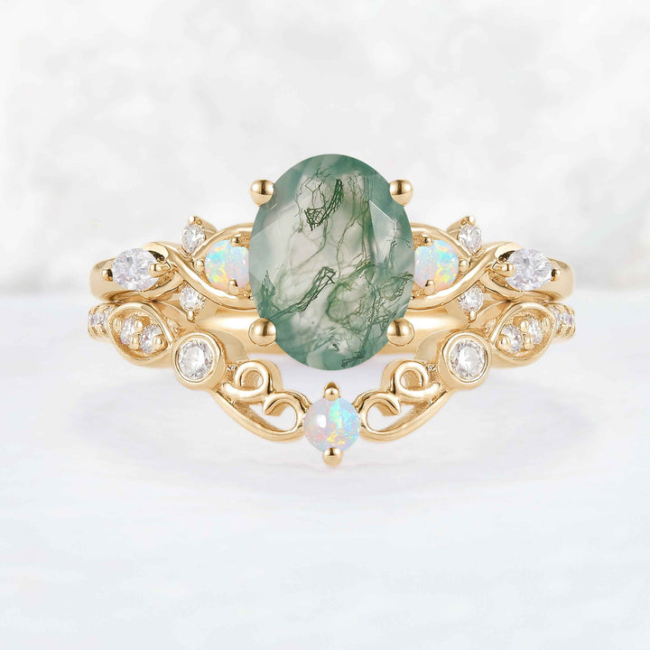 Nature Inspired Oval Cut Moss Agate Vine Twist Engagement Ring Set 2pcs