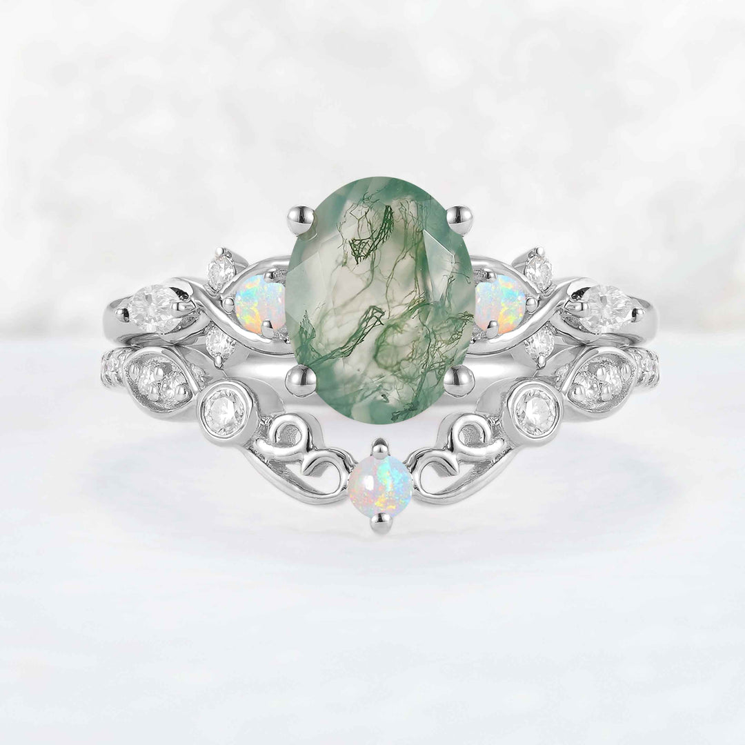 Nature Inspired Oval Cut Moss Agate Vine Twist Engagement Ring Set 2pcs