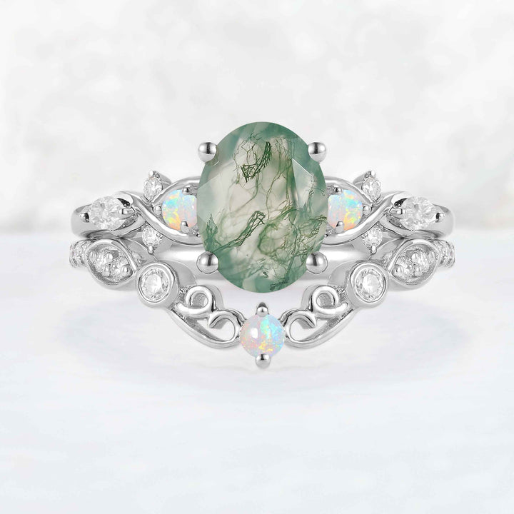 Nature Inspired Oval Cut Moss Agate Vine Twist Engagement Ring Set 2pcs