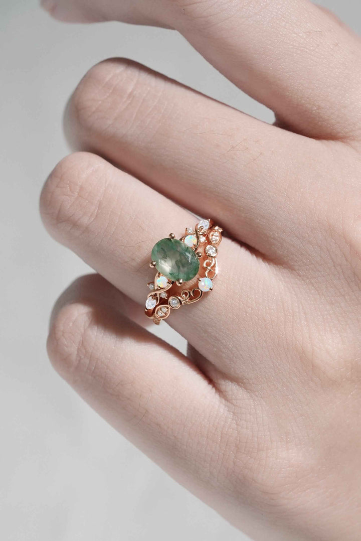 Nature Inspired Oval Cut Moss Agate Vine Twist Engagement Ring Set 2pcs