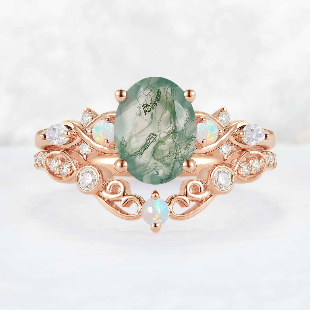 Nature Inspired Oval Cut Moss Agate Vine Twist Engagement Ring Set 2pcs