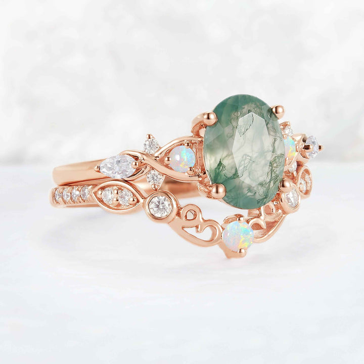Nature Inspired Oval Cut Moss Agate Vine Twist Engagement Ring Set 2pcs