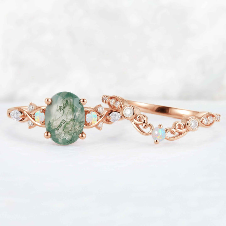 Nature Inspired Oval Cut Moss Agate Vine Twist Engagement Ring Set 2pcs