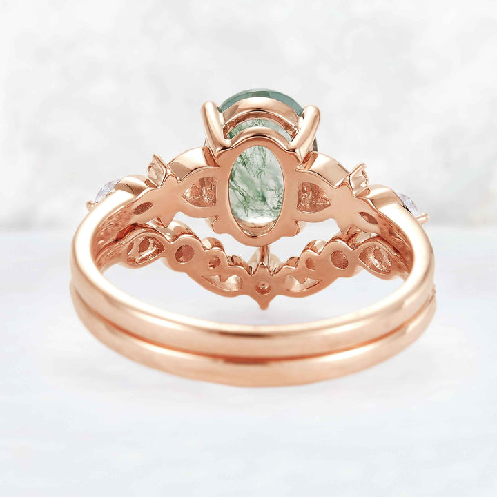Nature Inspired Oval Cut Moss Agate Vine Twist Engagement Ring Set 2pcs
