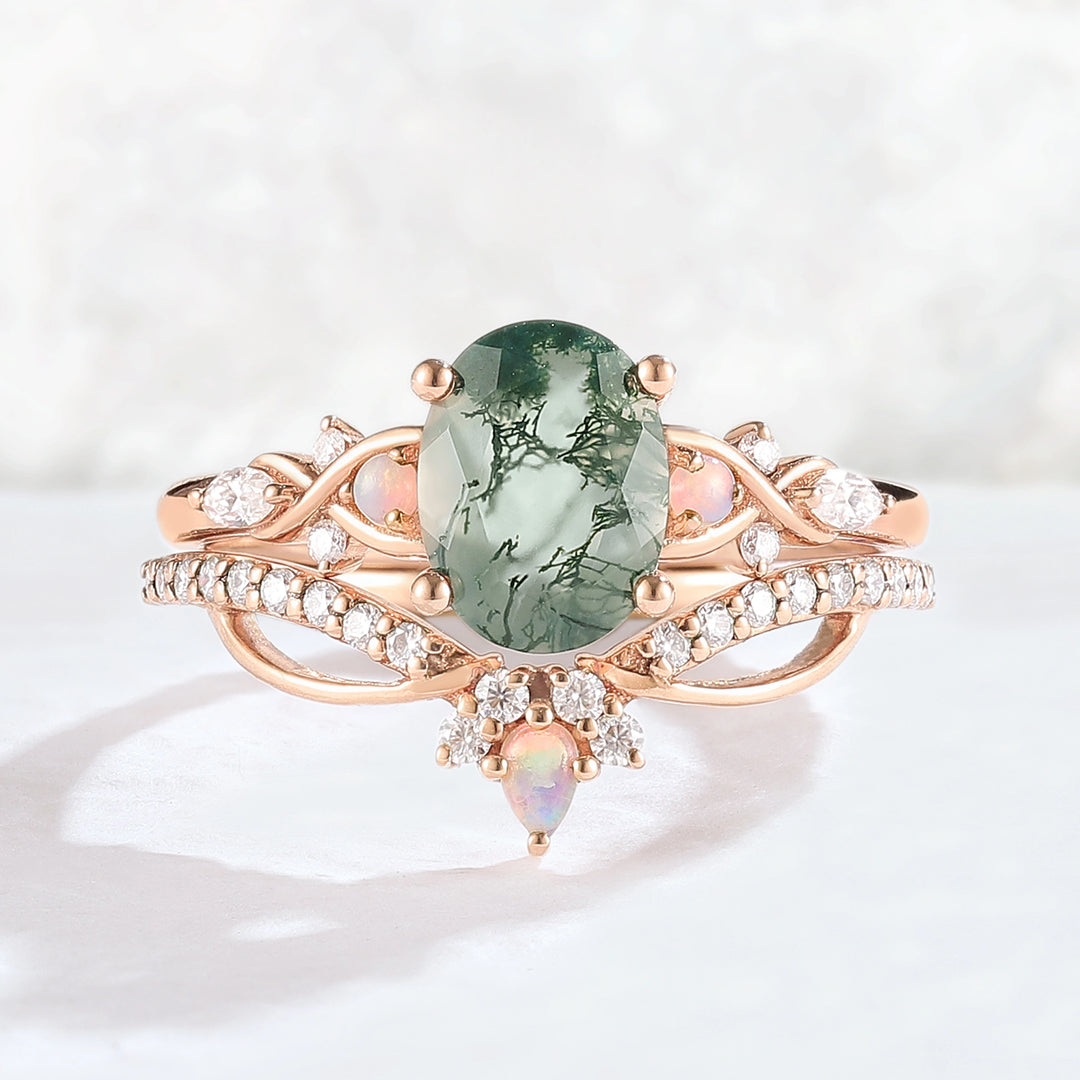 Nature Inspired Oval Cut Moss Agate Vine Twist Gemstone Ring Set 2pcs