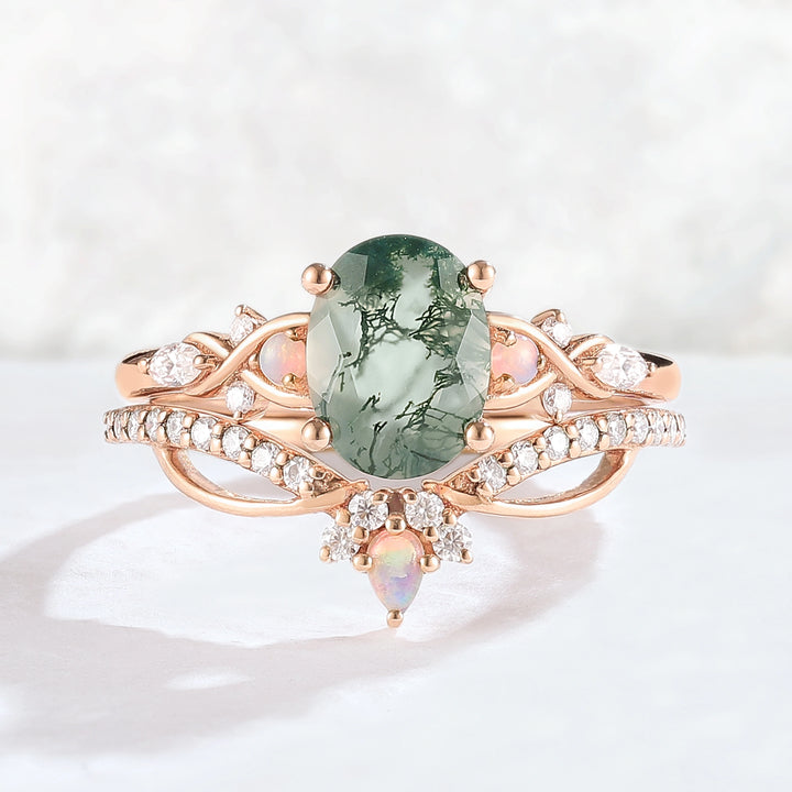 Nature Inspired Oval Cut Moss Agate Vine Twist Gemstone Ring Set 2pcs