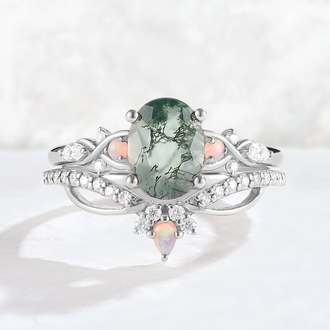 Nature Inspired Oval Cut Moss Agate Vine Twist Gemstone Ring Set 2pcs